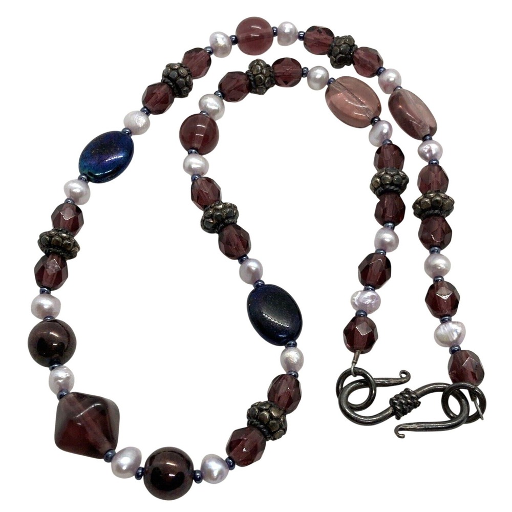 Vintage Purple Pearl‎ & Bead Strand 16.25'' Necklace Sterling 925 Silver 24.8g